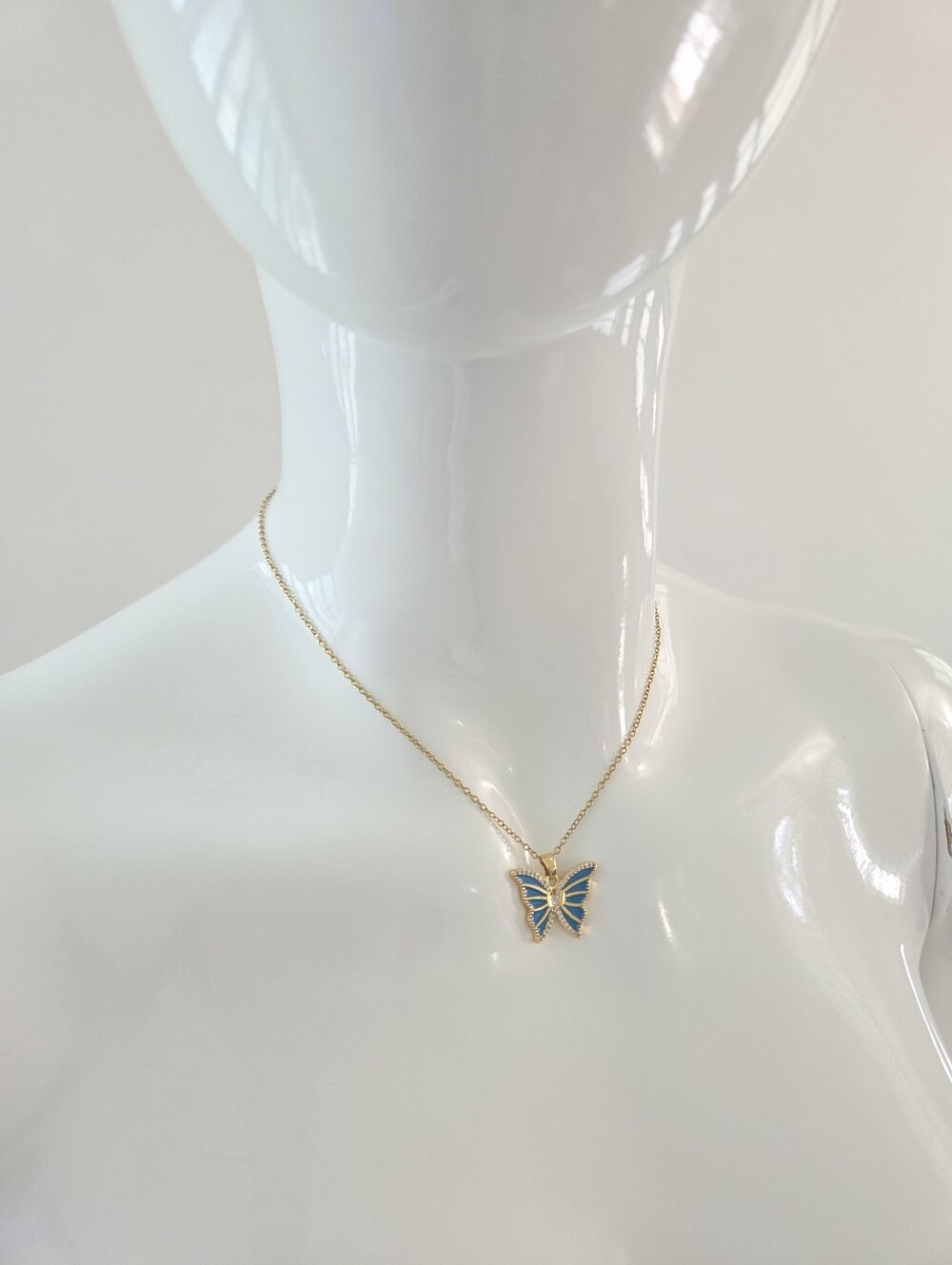Gold Blue Enamel Butterfly Pendant Necklace Dainty Womens Jewelry - Picture 9 of 9